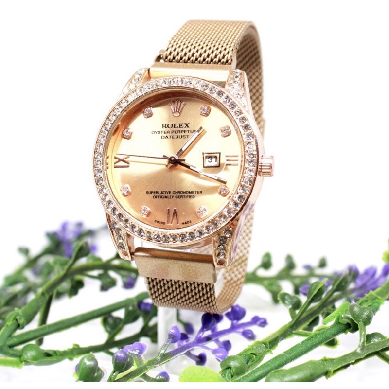 JAM TANGAN FASHION WANITA ROLEX QUARTZ TALI RANTAI MAGNET