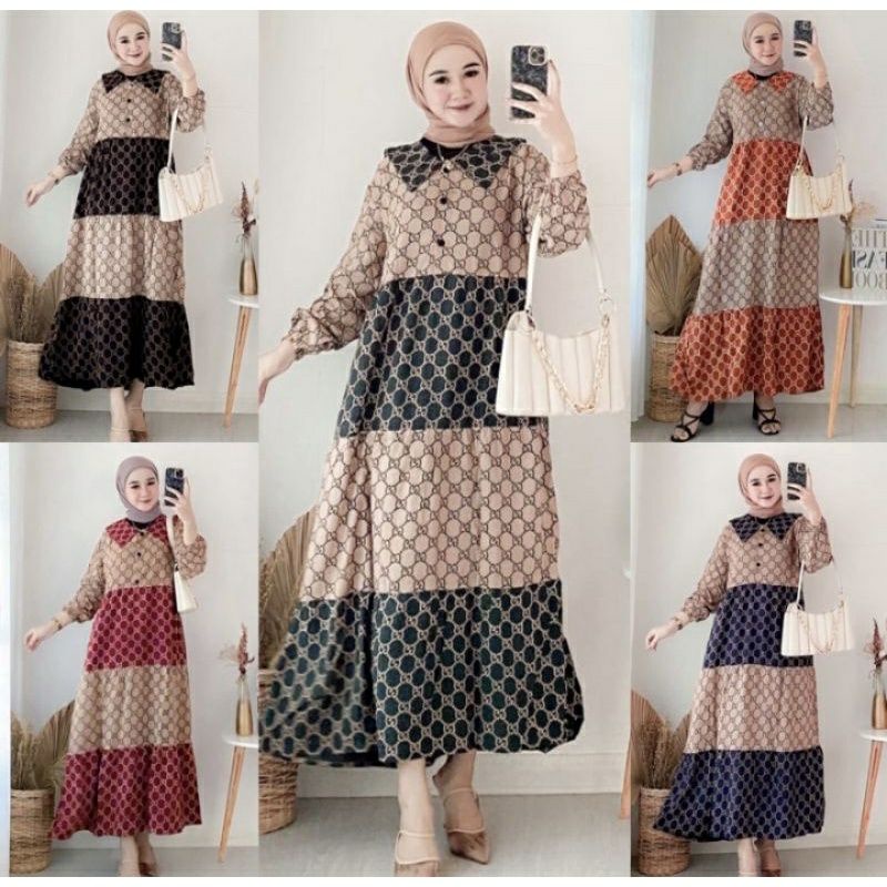 Midi Dress Muslim Wanita Motif Gucci Bahan Rayon Premium Gamis Susun