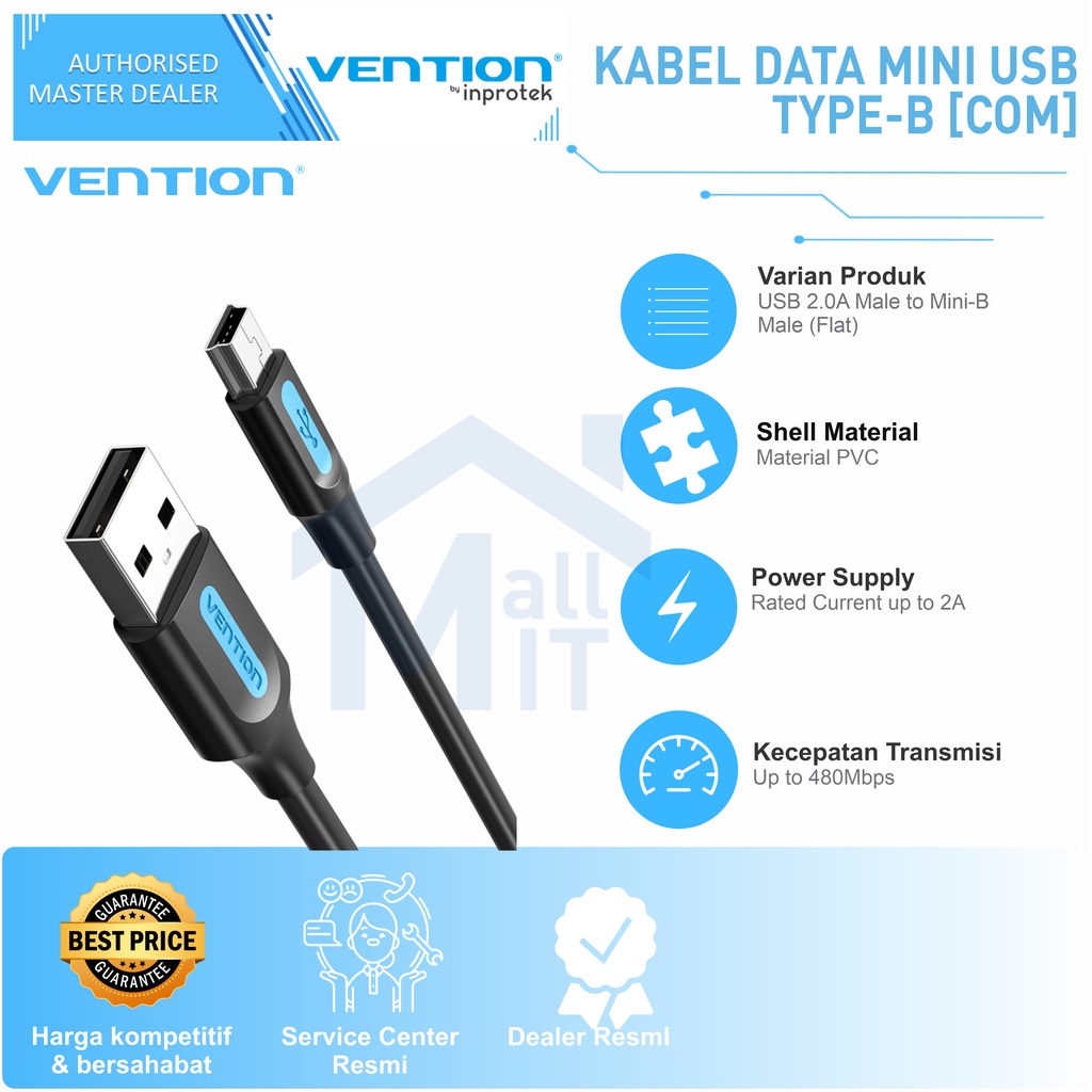 ( Bisa Cod ) Vention Kabel Data USB A 2.0 to Mini USB Type B 2A 480Mbps HDD COM