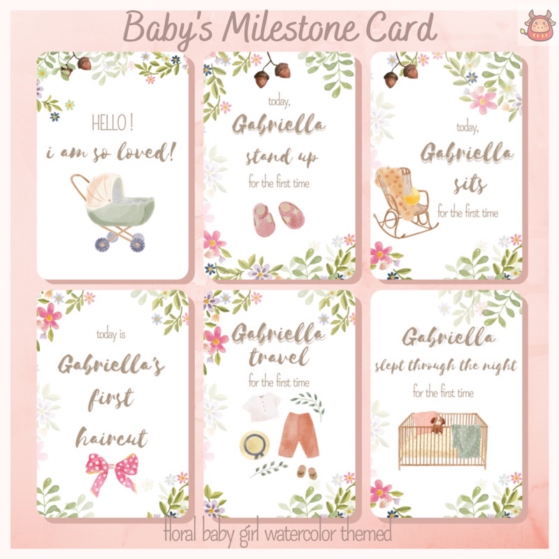 Baby milestone card baby girl premium watercolor floral theme free custom name