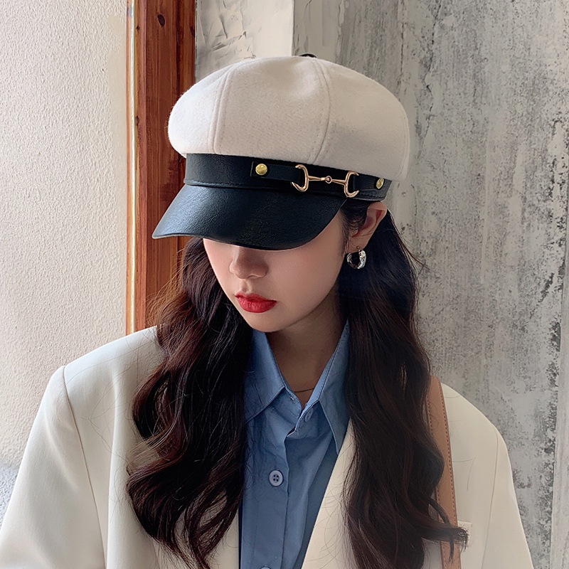 Topi Baret Bahan Kulit Gaya Vintage Korea Untuk Wanita