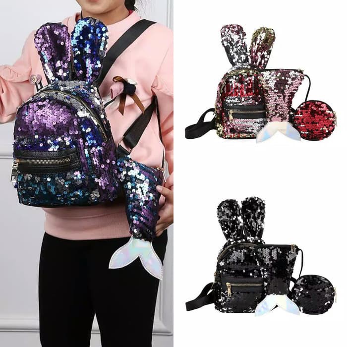 MOMBABY1 Tas Ransel Sequin Anak Motif Kelinci / Tas Trendy Anak Sequin Motif