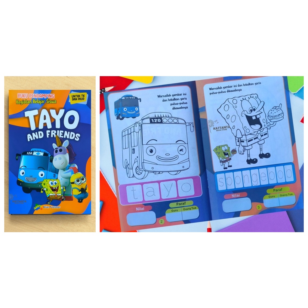 BUKU MEWARNAI DENGAN CONTOH Tema Tayo and Friends Full Color Bilingual Untuk Anak PAUD TK BP