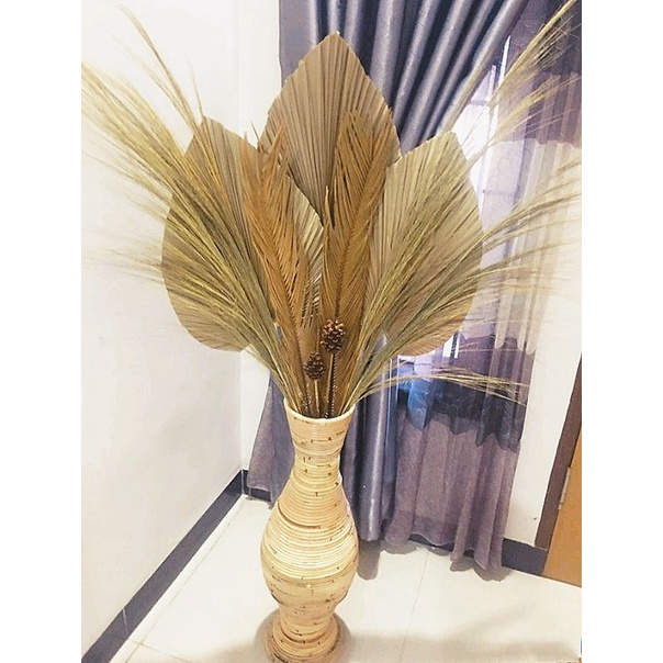 PAKET HEMAT DAN VAS ROTAN 70CMPAMPAS+DAUN PALEM KERING+BUNGA KERING+FREE PINUS TANGKAI/HAMPERS/BUNGA