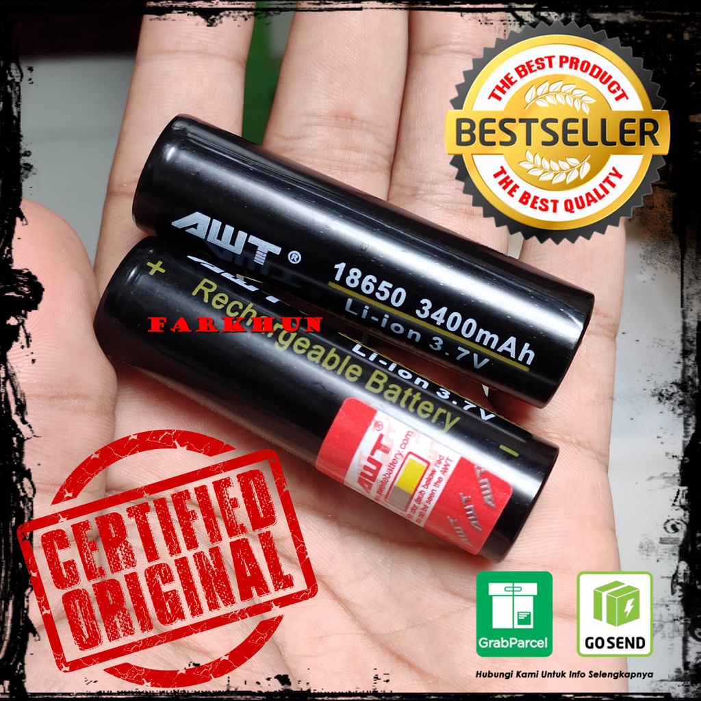 TERBAIK BATTERY 18650 ORI AWT RECHARGEABLE 3400 mAh ISI ULANG BATERAI HITAM SENTER SWAT CAS BATERE B