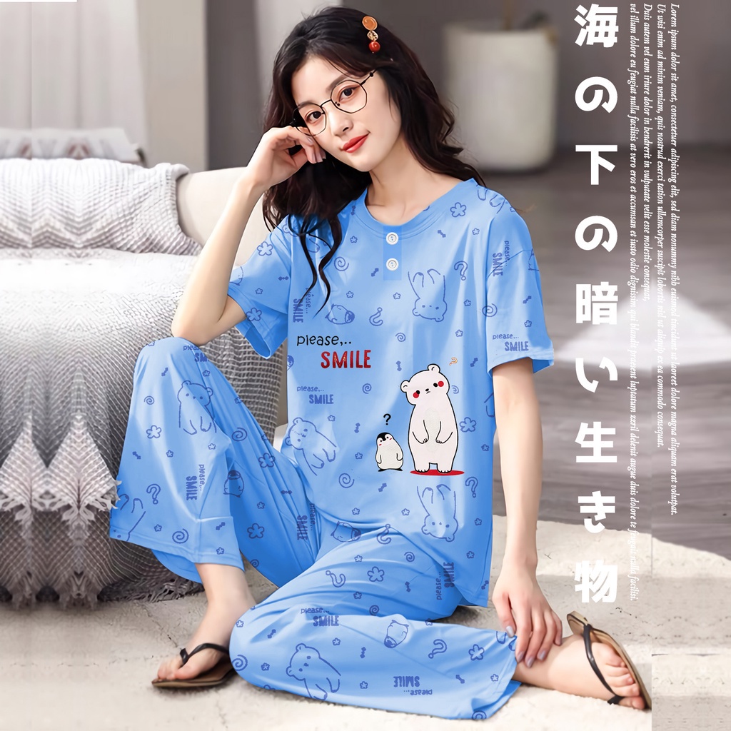 Lilipop.id  Baju Tidur Wanita CP Penguin Setelan Piyama BabyDoll Kaos Celana Panjang