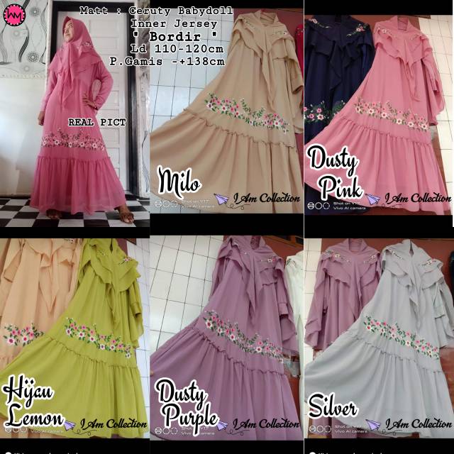 Gamis Syar'i Set Hijab Syar'i Ceruty Babydoll Bordir Bunga