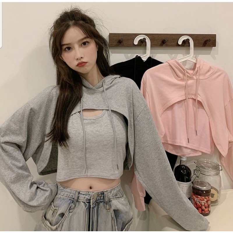 korean style hoodie crop dengan set tanktop