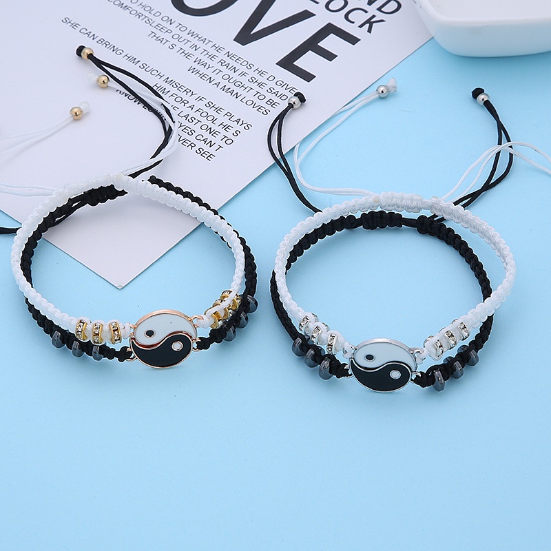 2pcs Gelang Tangan Tali Kepang Hias Liontin Hati Tulisan Forever Love Yin Yang Tai Chi Untuk Pasangan Sahabat