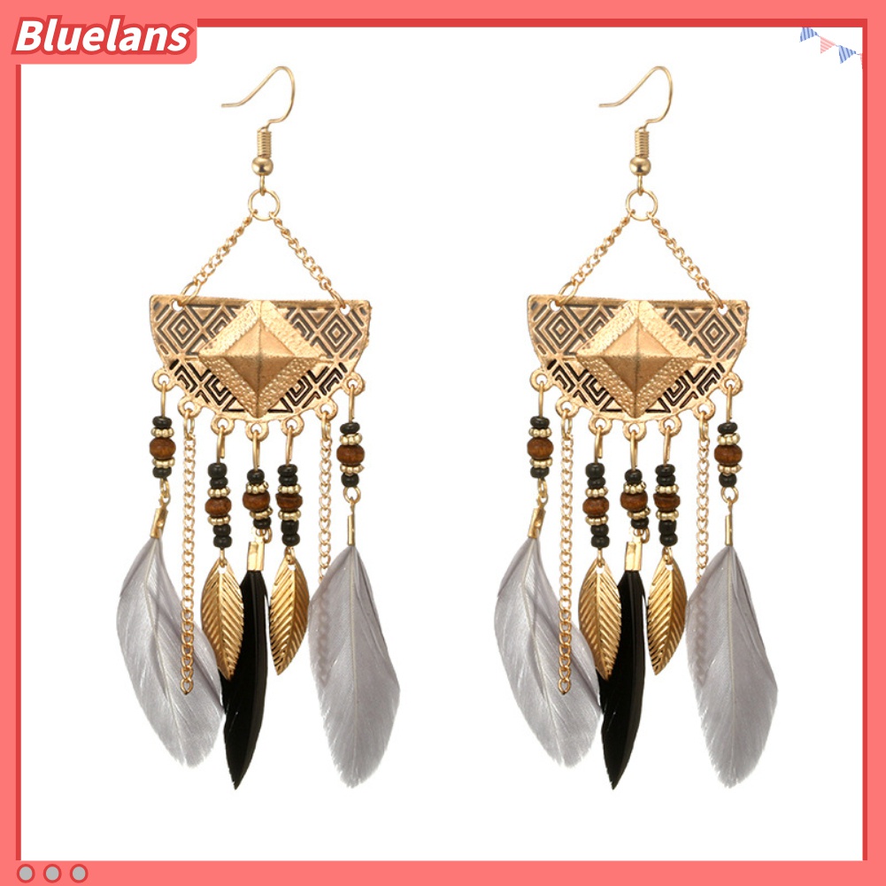 Anting Kait Bentuk Kipas Aksen Manik-Manik Rumbai Bulu Gaya Bohemian Untuk Wanita