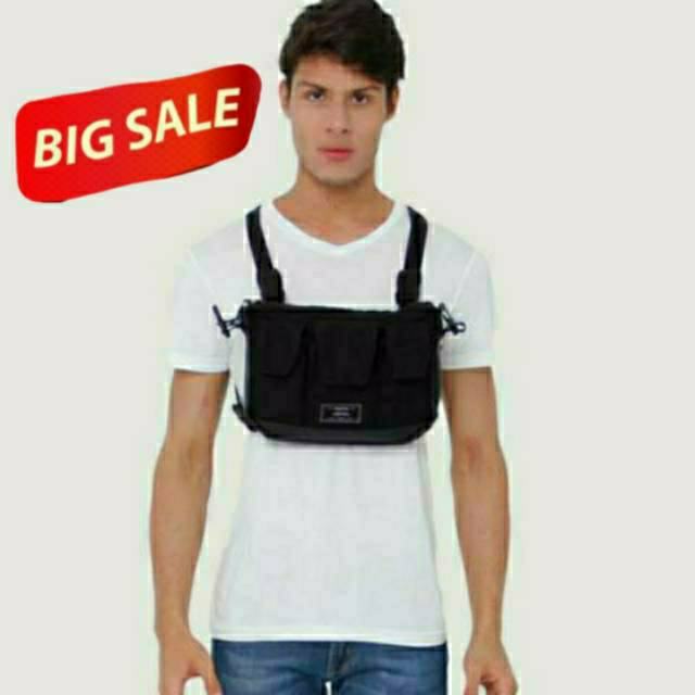 TAS PRIA DENGAN BANYAK KANTONG & MULTI FUNCTION MODE: CHEST RIG (NEMPEL DI DADA, SLING BAG & POUCH)
