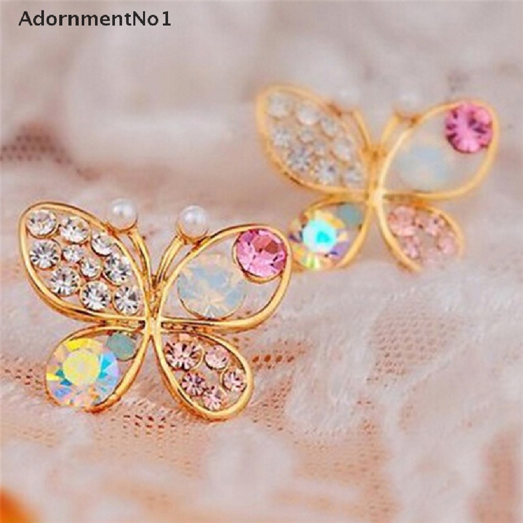 (AdornmentNo1) Anting Tusuk Bentuk Kupu-Kupu Aksen Hollow + Kristal + Berlian Imitasi Untuk Perhiasan Wanita Butterfly