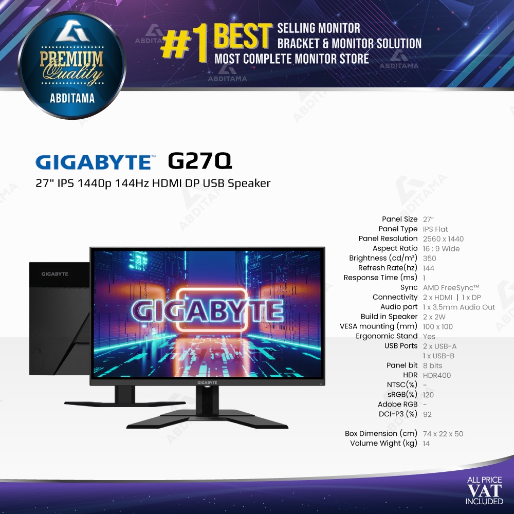 Monitor LED GIGABYTE G27Q 27&quot; IPS 1440p 144Hz HDMI DP Speaker HDR400