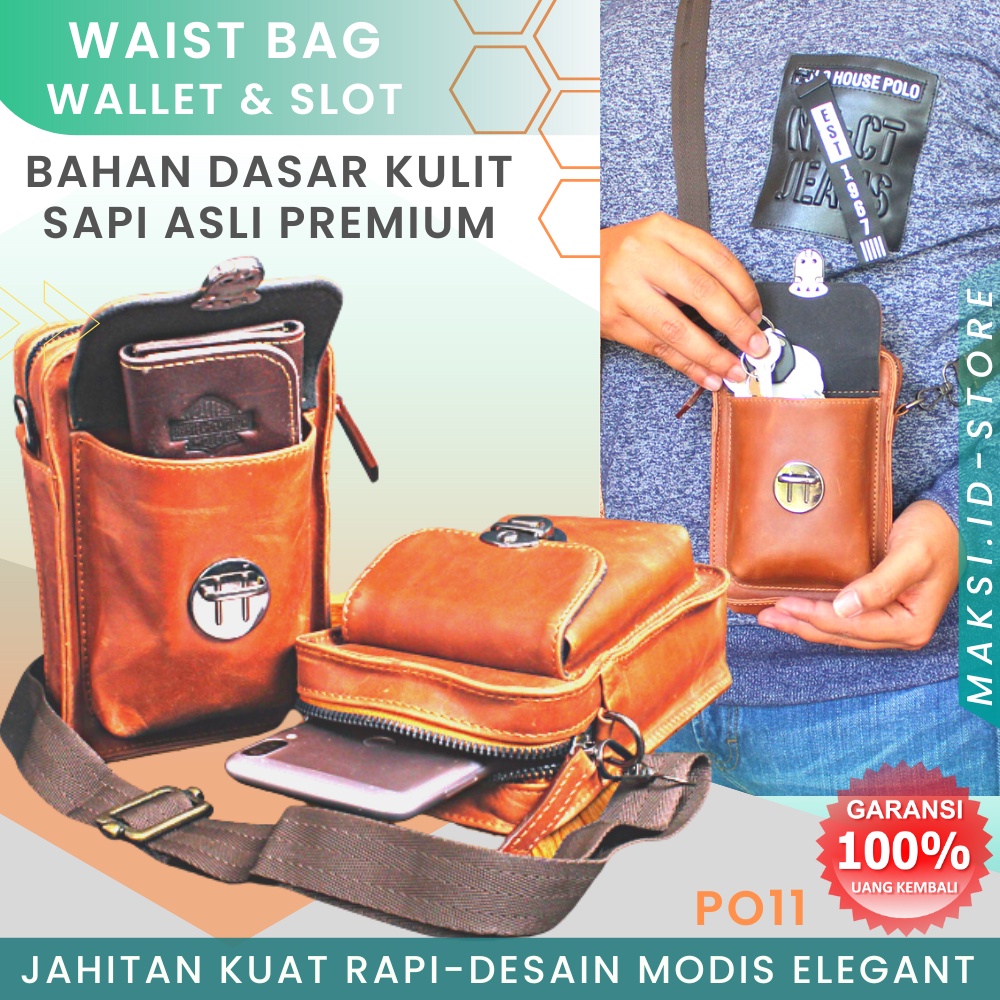 Tas Pinggang Pria Kulit Sapi Asli Tas Pinggang Hp Sling Bag Multifungsi Tas Mini Serbaguna Genuine Leather Kulit Sapi Asli P011 GARANSI ORIGINAL