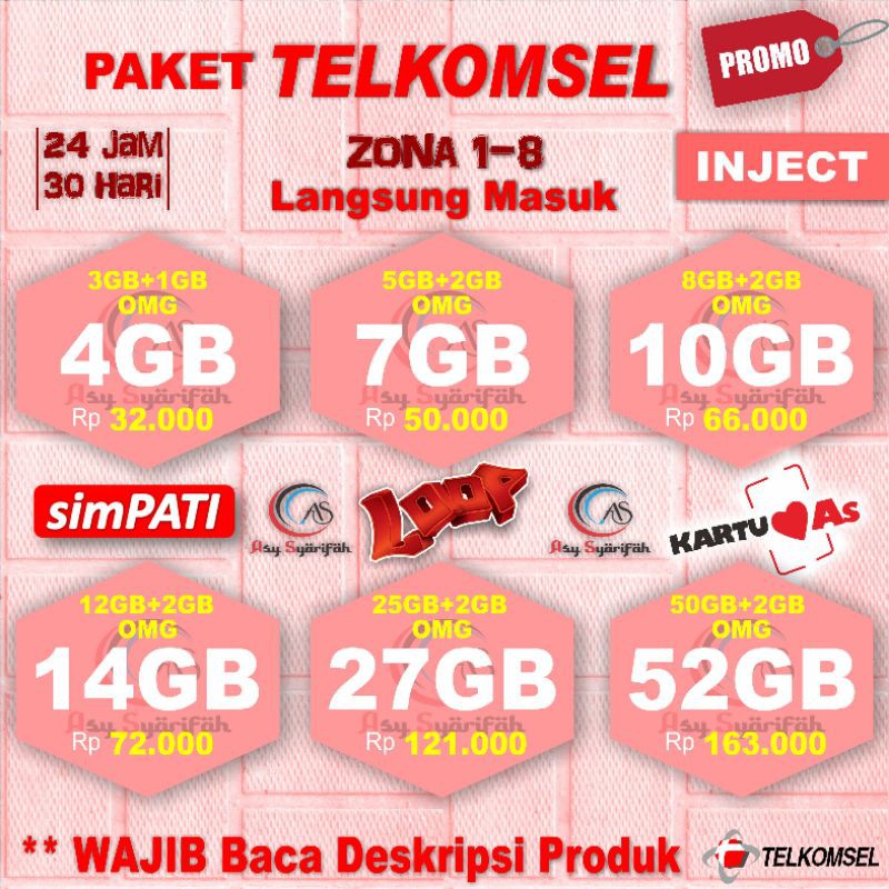 KUOTA ISI ULANG TELKOMSEL SIMPATI AS LOOP  ZONA 1-12 DATA OMG SAKTI UNLIMITED MAX