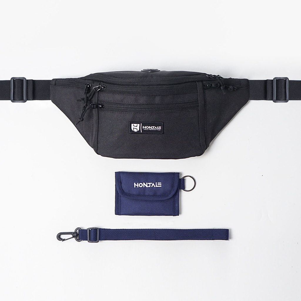 HONTALE | Bundling Tas Waistbag Muzzle Black + Flast Hanging Wallet Navy