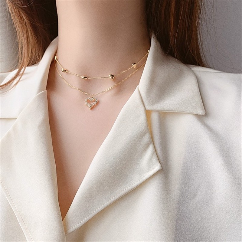 Korean fashion new style gold multi-layered diamond necklace with love heart personality clavicle chain