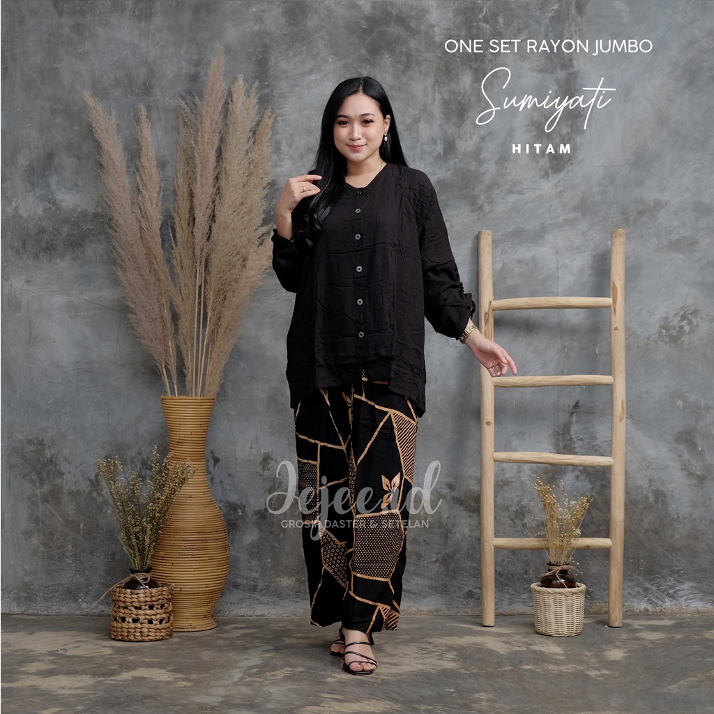 SETELAN RAYON JUMBO LD 120 CM BIG SIZE SUNDARI SET PIYAMA TIE DYE LENGAN PANJANG KANCING-SUMIYATI-HITAM