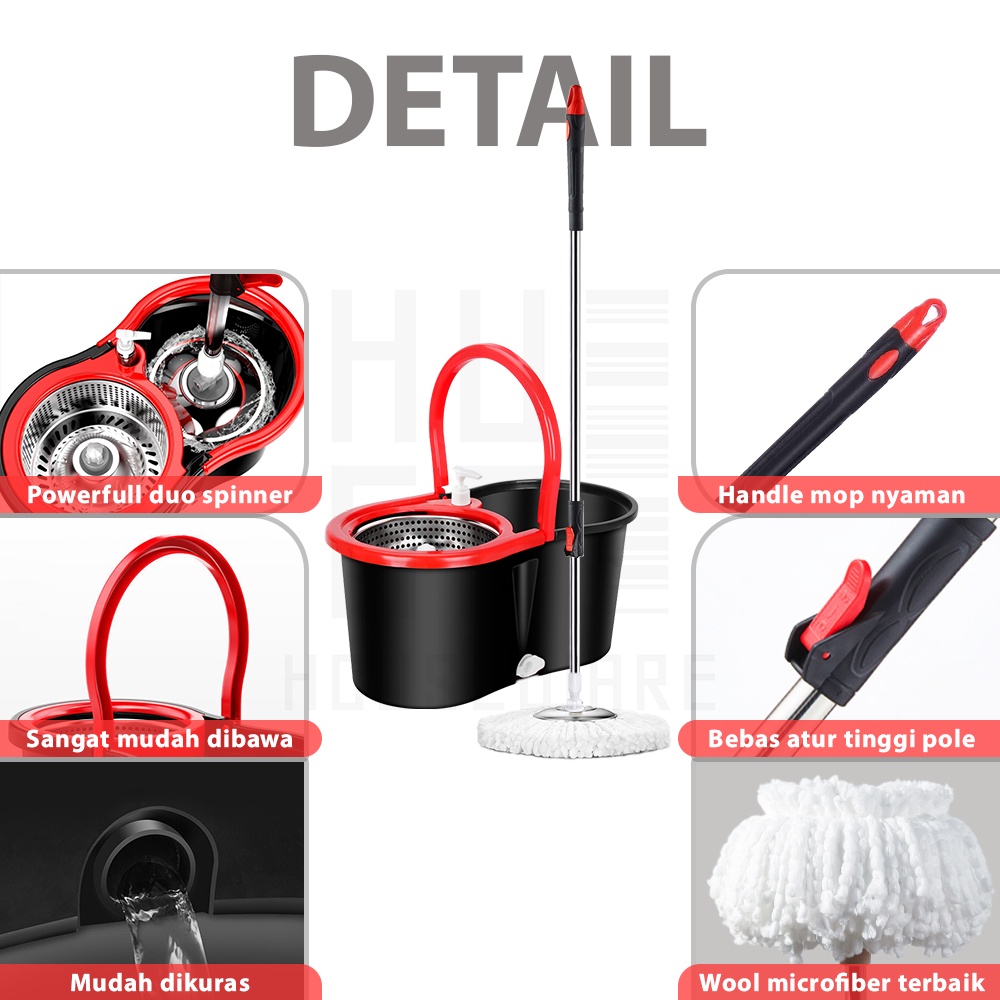 HUGO Alat Pel Lantai Ultra Mop Kano - Pel Lantai Praktis Peras Otomatis Spin Mop Black