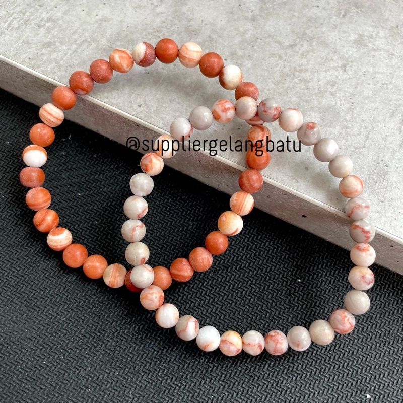 GELANG BATU WHITE BROWN JASPER 6MM VINTAGE PRIA WANITA FOSSIL BATU KAYU ASLI AKIK TERMASUK KOTAK KADO