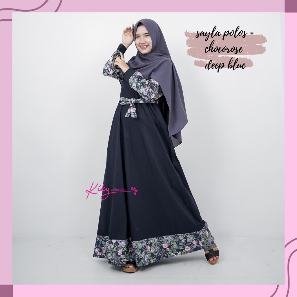 Baju Gamis Wanita Dress Sayla Muslim Remaja Fashion Syari Pakaian Syar i Perempuan Kekinian Murah Terbaru Motif Katun Jepang Ori Modern-Pls-Chocorose Navy
