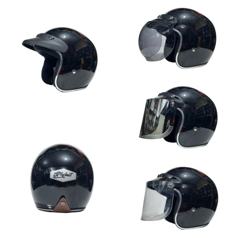 Helm JPX JP New Bigie Retro Hitam Glossy List Chrome Plus Kaca Original