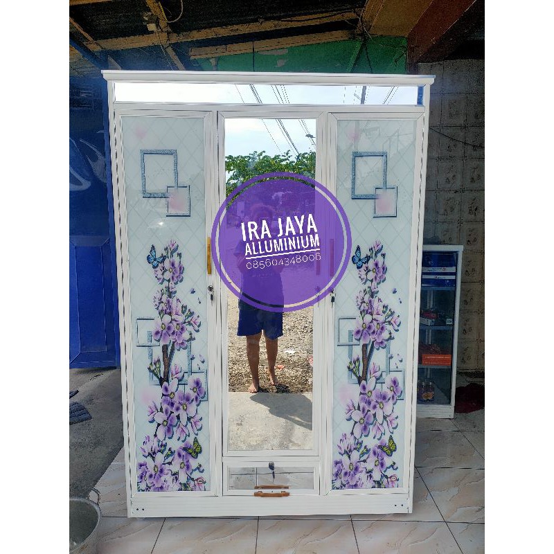 LEMARI PAKAIAN/BAJU PINTU 3 MOTIF BUNGA UNGU FULL KACA