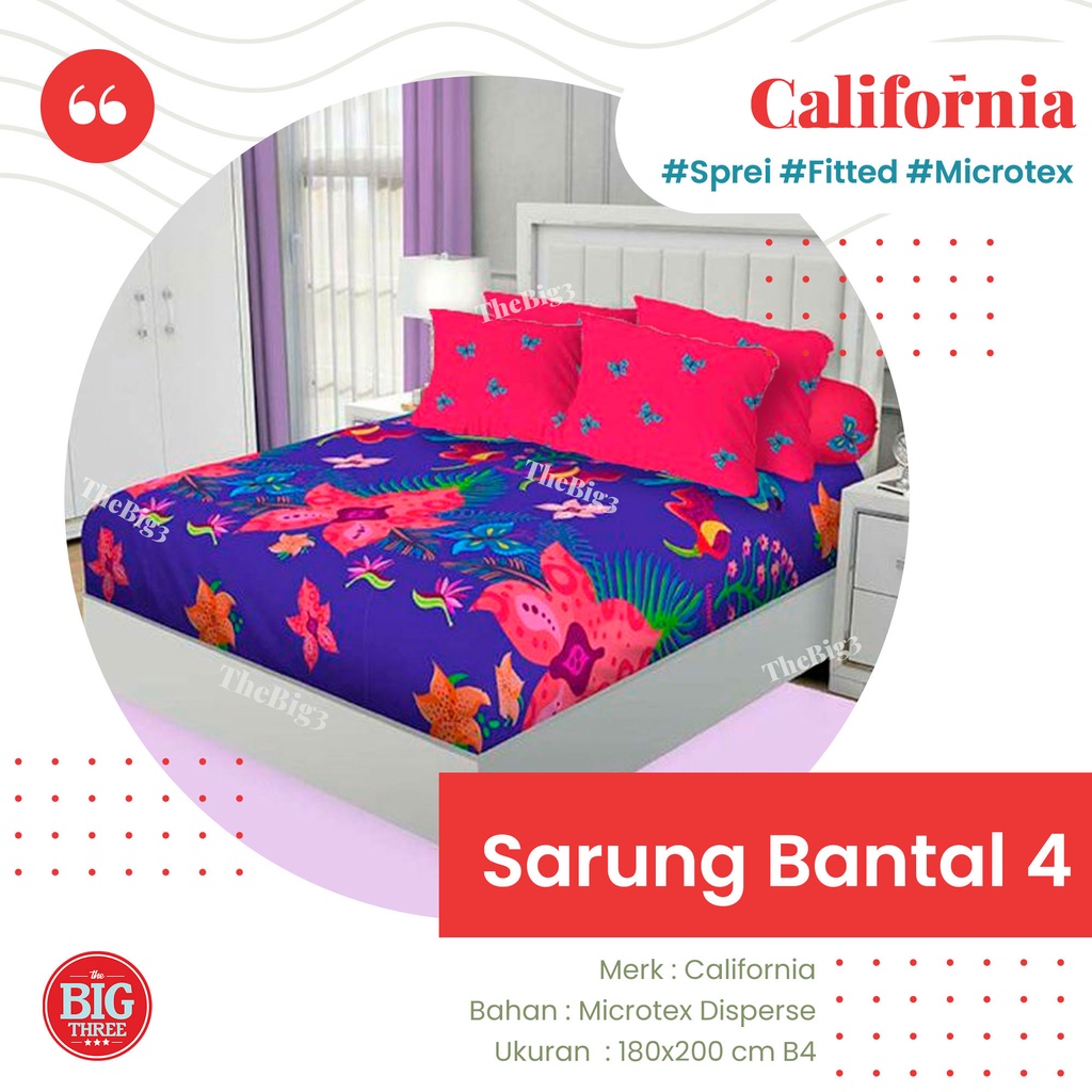 CALIFORNIA Sprei 180x200 4 bantal motif Amara Tiara Azela Varda Raisha Alvia Tevy Hanako Puzzle Erica Moala Mirah Elba Origami Rosa Rosea Vinca Fellie  - 180 King SP B4