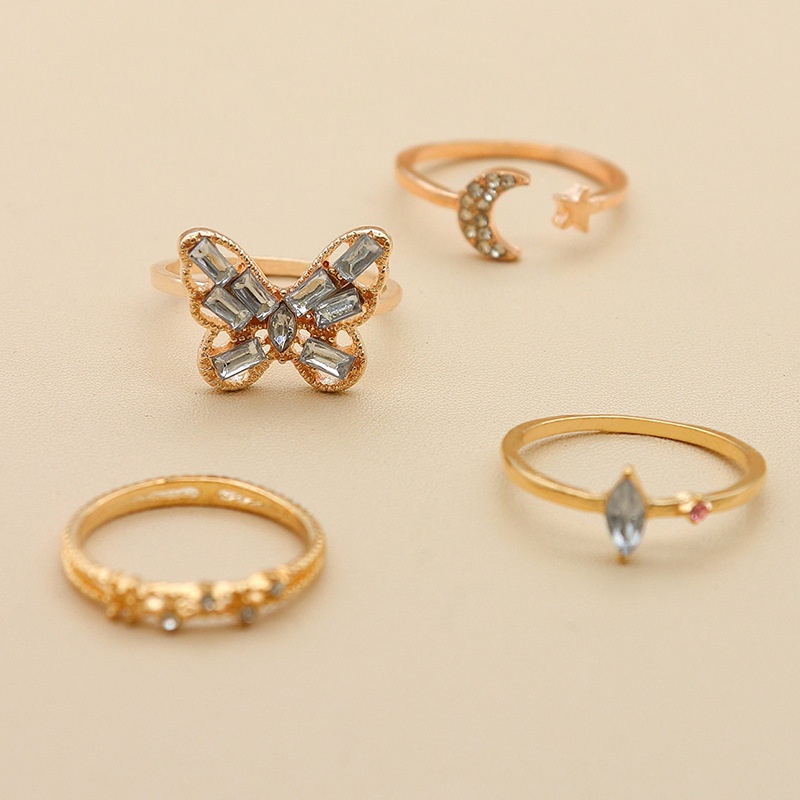 4pcs / set Cincin Model butterfly Terbuka Desain Bintang Bulan Mata Kuda Aksen Berlian Imitasi