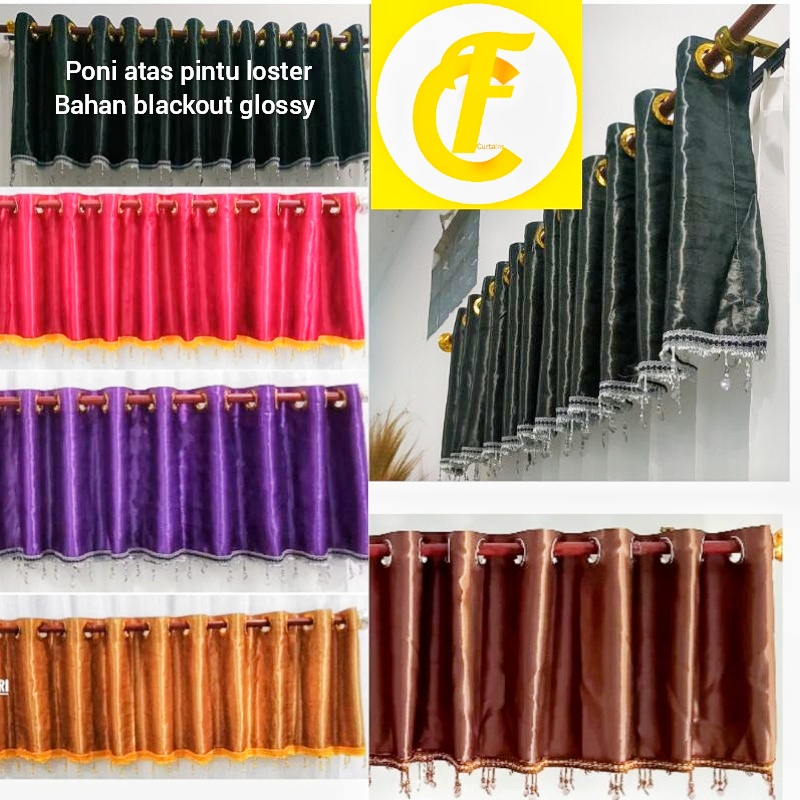 Gorden Poni Loster Atas Pintu Bahan Blackout Glosy Embos Model Smokring Hitam Merah Coklat Gold Ungu