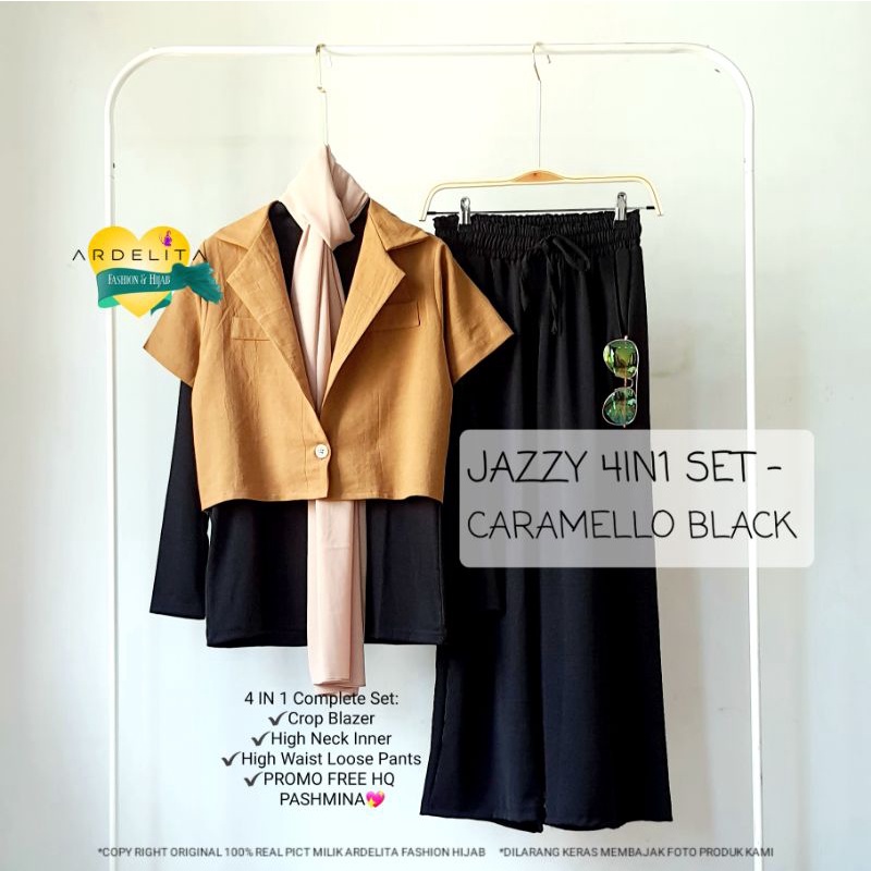 ORI 100% REAL PICT JAZZY 4 IN 1 SET PAKET BAJU OOTD WANITA HEMAT LENGKAP PREMIUM PRAKTIS | SELEGRAM OUTFIT | BAJU WANITA BAGUS MURAH MODEL TERBARU | BAJU BLAZER CROP CELANA KULOT HIGH WAIST