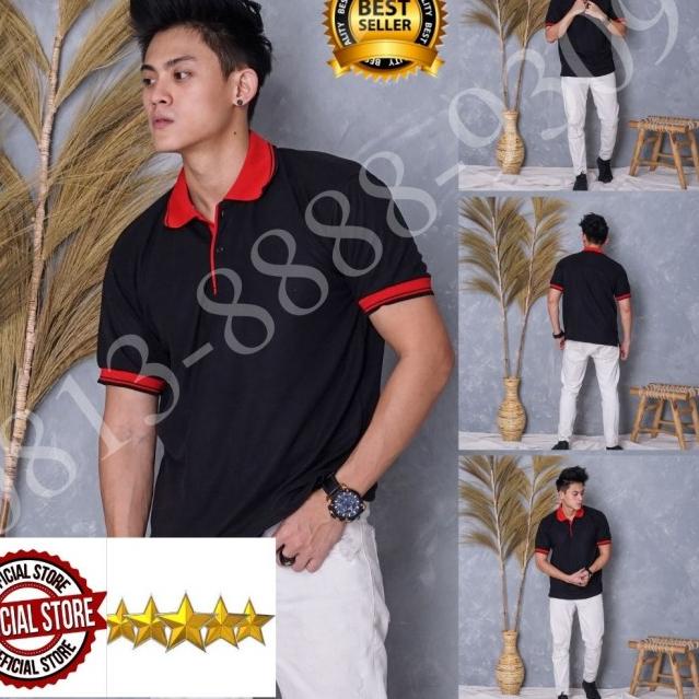 ♨ Kaos Polo Shirt Polos hitam kerah merah/kaos kerah pria/baju kerah - Tulis no. warna, S ♪