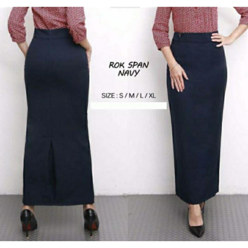 Rok kerja Panjang Hitam Span Biron Kipas Bahan Formal Kantor-Navy