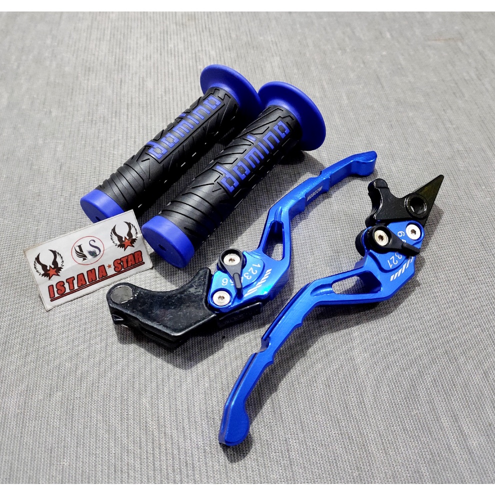 HANDLE REM DAN KOPLING VARIASI FULL CNC UNTUK TIGER / VERGA / CB150R / SATRIA FU BLUE HANDLE + GRIP DOMINO