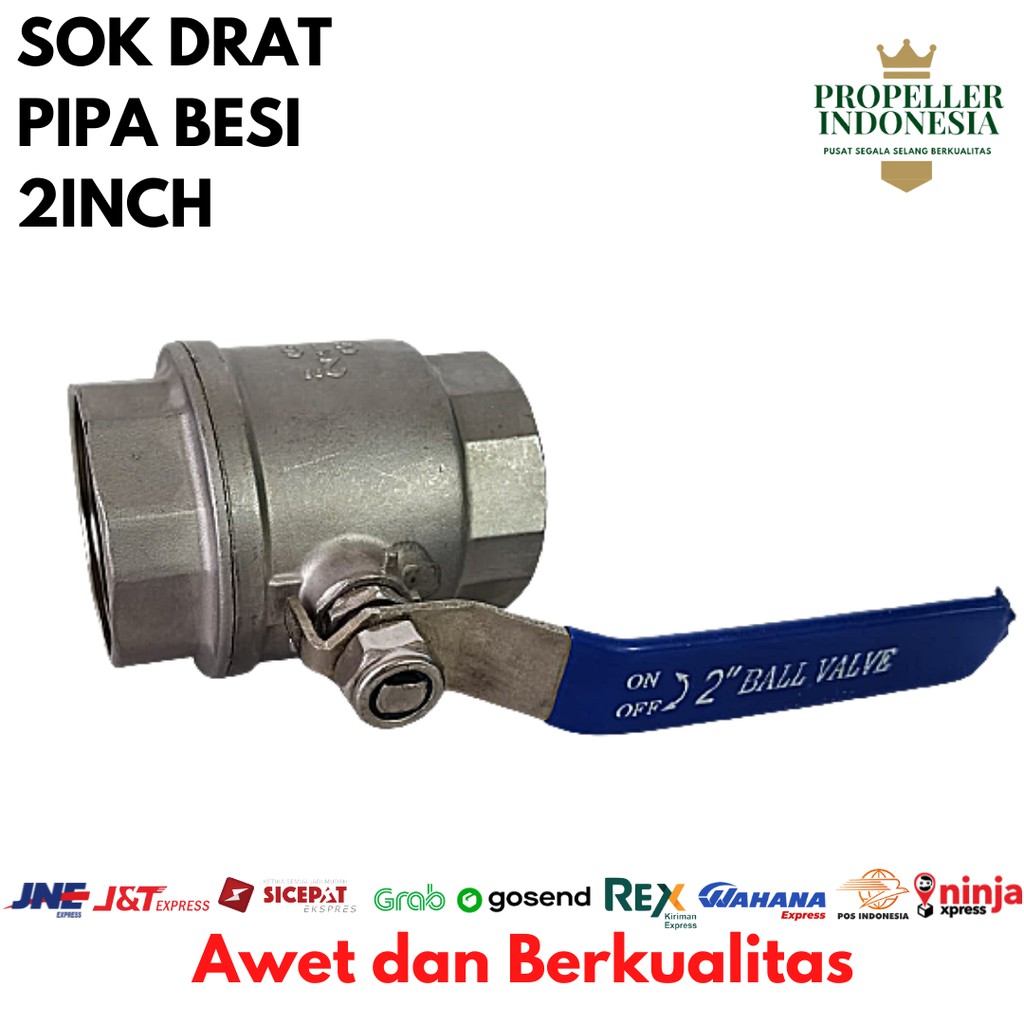 Sok Drat Pipa 2Inch Stainless Steel Penuh Port 2 Way Tuas Putar