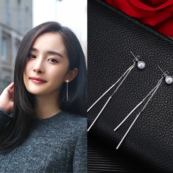 Korea fashion style Mutiara rumbai anting-anting panjang sederhana garis telinga telinga rantai anti