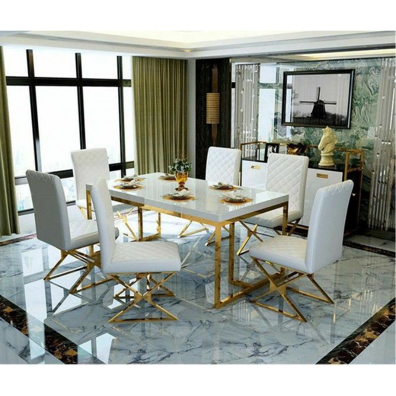 MEJA MAKAN MEWAH TOP MARMER KAKI BESI STAINLESS
