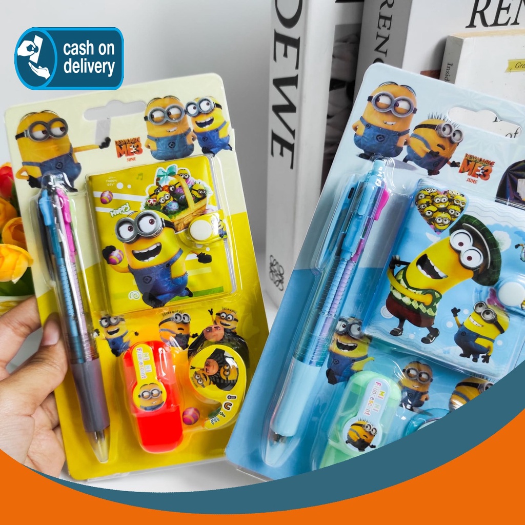 SET ALAT TULIS MINION 4 IN 1 BUKU NOTEBOOK TIPEX PEN HIGHLIGHTER MURAH