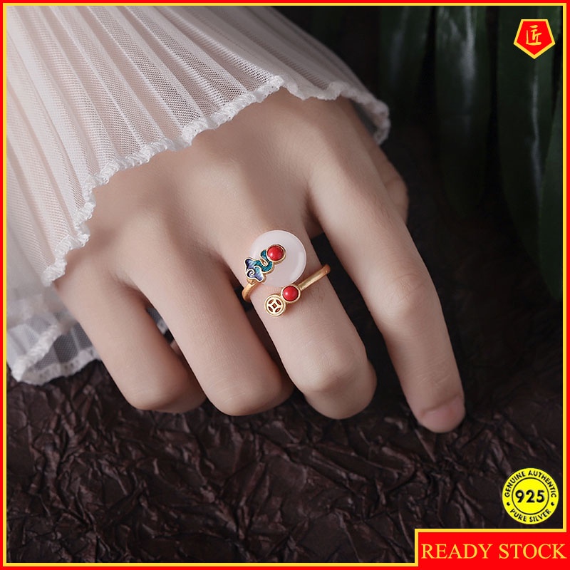 Chinese Style Retro Xiangyun Ring Female Ancient Style Enamel Painted Hetian Jade Fashion Personalized Tail Ring