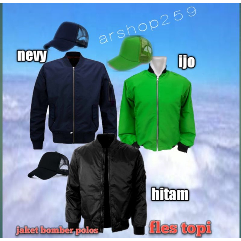 jaket BOMBER polos fles bonus topi tiga warna