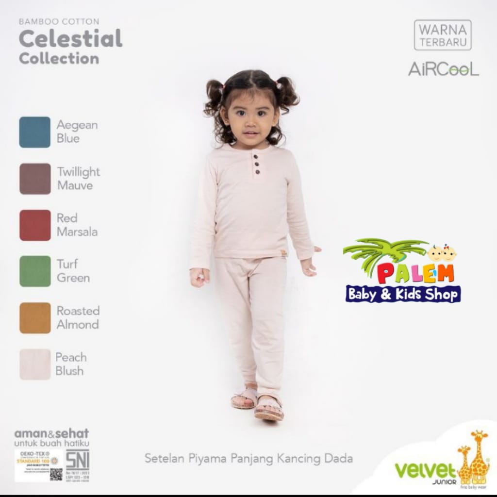 Velvet Junior Piyama Bamboo Cotton Baju Panjang Kancing Dada + Celana Panjang Celestial Series 1stel/1pack