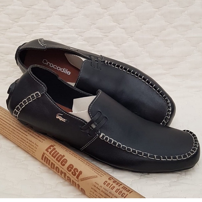 Slip On Kulit Asli Pria Distro Rajut Hitam Slop Casual Santai Sepatu Steet Walk Flat Kerja Nyaman Murah Ringan Kuat