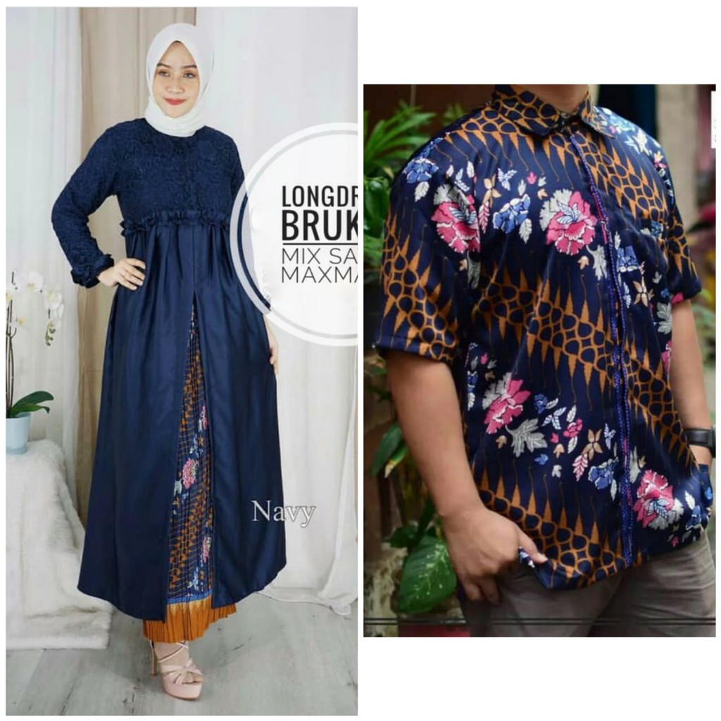 Couple gamis Reti rok instan plisket wanita dan kemeja batik Pria