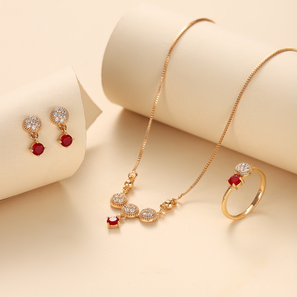 ✅COD✨Set Perhiasan Wanita Mewah Ruby Kalung Titanium Rose Gold Rantai klavikula Anting Cincin Asesoris Wanita Perhiasan Set D243