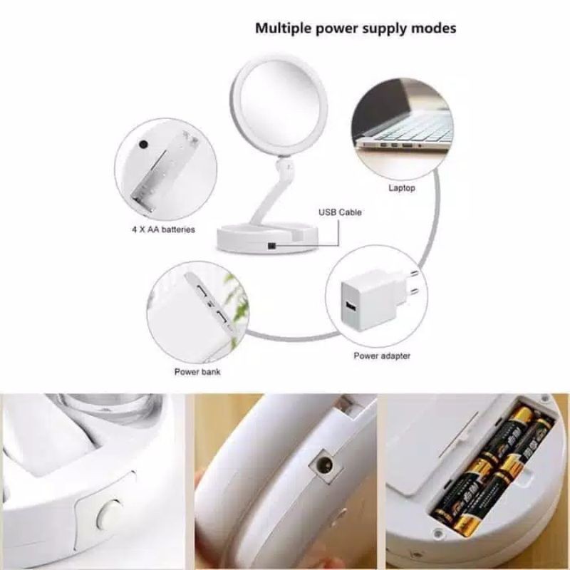 Cermin LED Bulat Lipat JG 988 / Folding LED Mirror Free Kabel USB / Cermin 2 Sisi