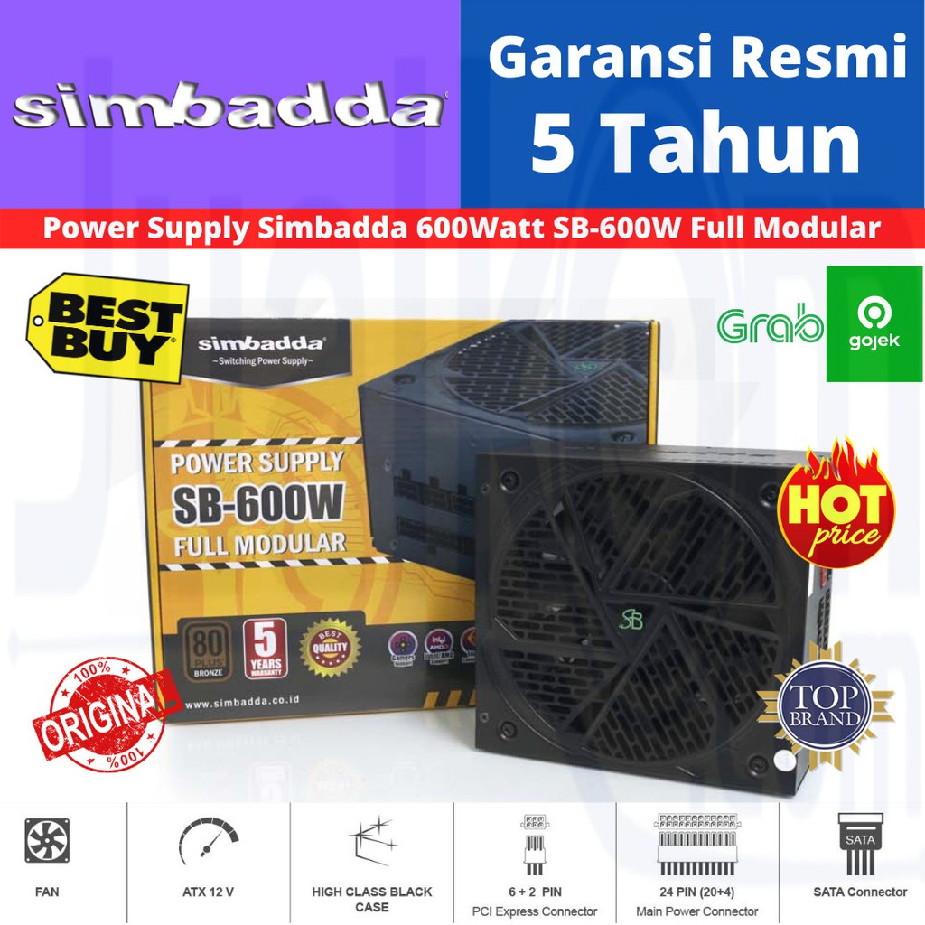 Simbadda Power Supply Gaming 600 Watt Full Modular PSU 600W FM