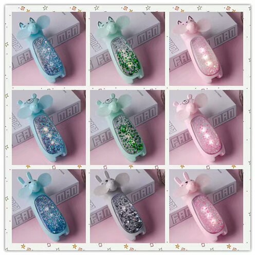 Kipas Angin Mini Portable Gantung Leher Desain Kartun Bubuk Glitter Rechargeable