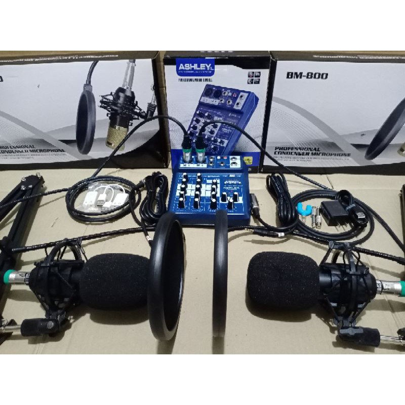 Paket Podcast Ashley 2 orang Mic black spider  Paket Podcast 2 Orang Mixer Ashley FX 402i M