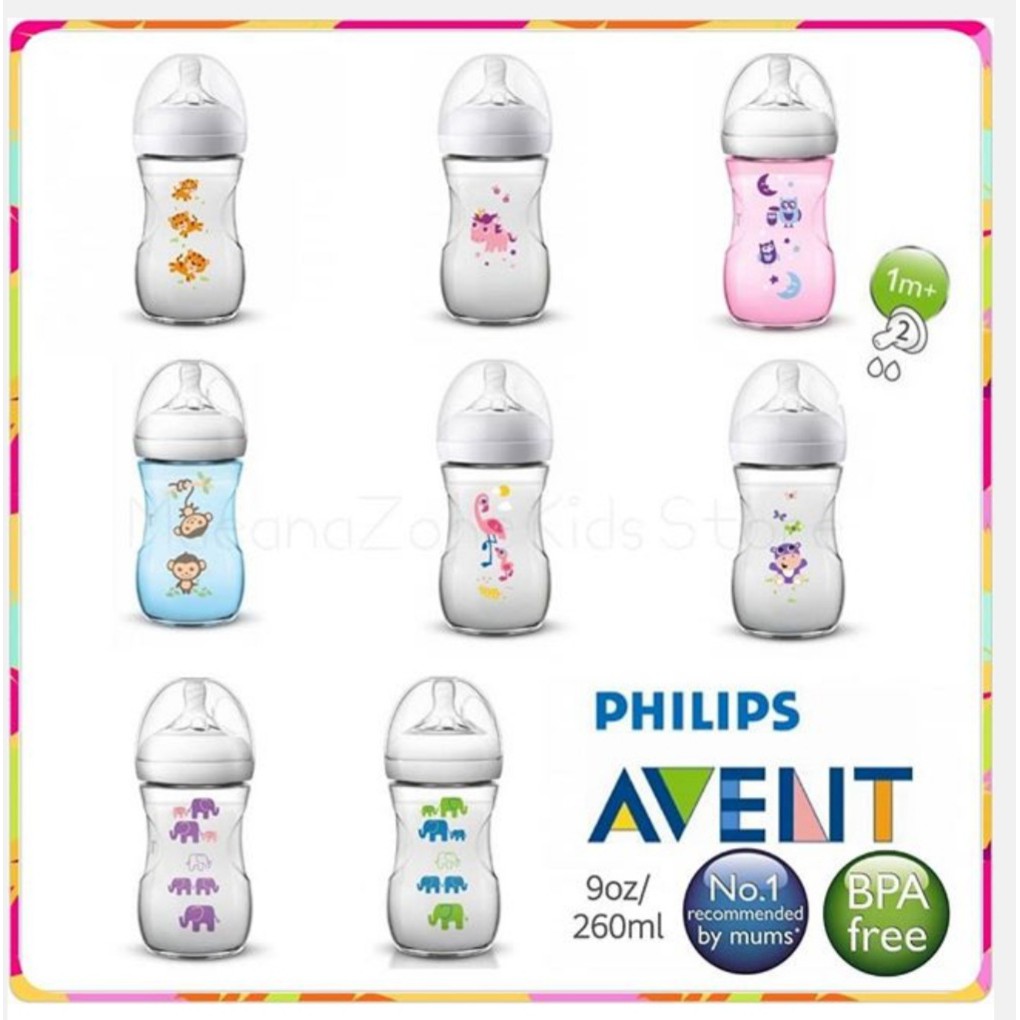 Botol Susu Philips Avent Natural Deco 260ml Pink Blue Philips Avent Wide neck 260ml motif / Botol Avent Natural 260ml