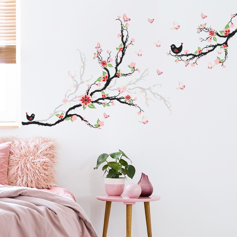 2pcs / set Stiker Dinding Desain Bunga Butterfly Bird Branch Untuk Dekorasi Ruang Tamu / Kamar Tidur